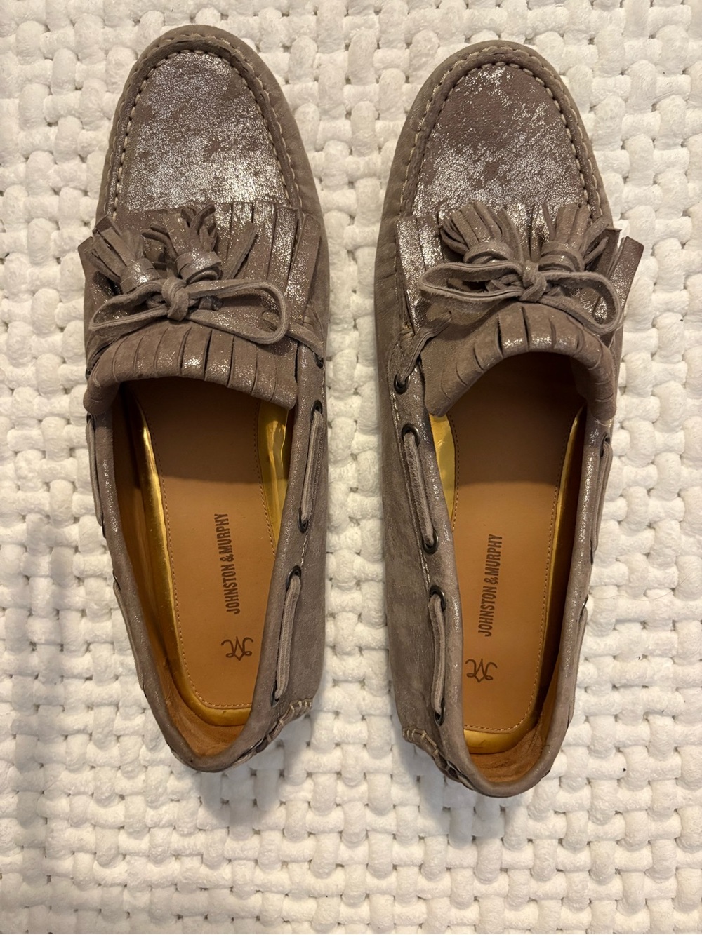 Johnston & Murphy Taupe Suede Tassel Moccasins